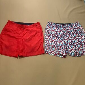 Lot of 2 Lands' End Mens Swim Trunks Board Shorts 35 Red‎ Geometric Print
